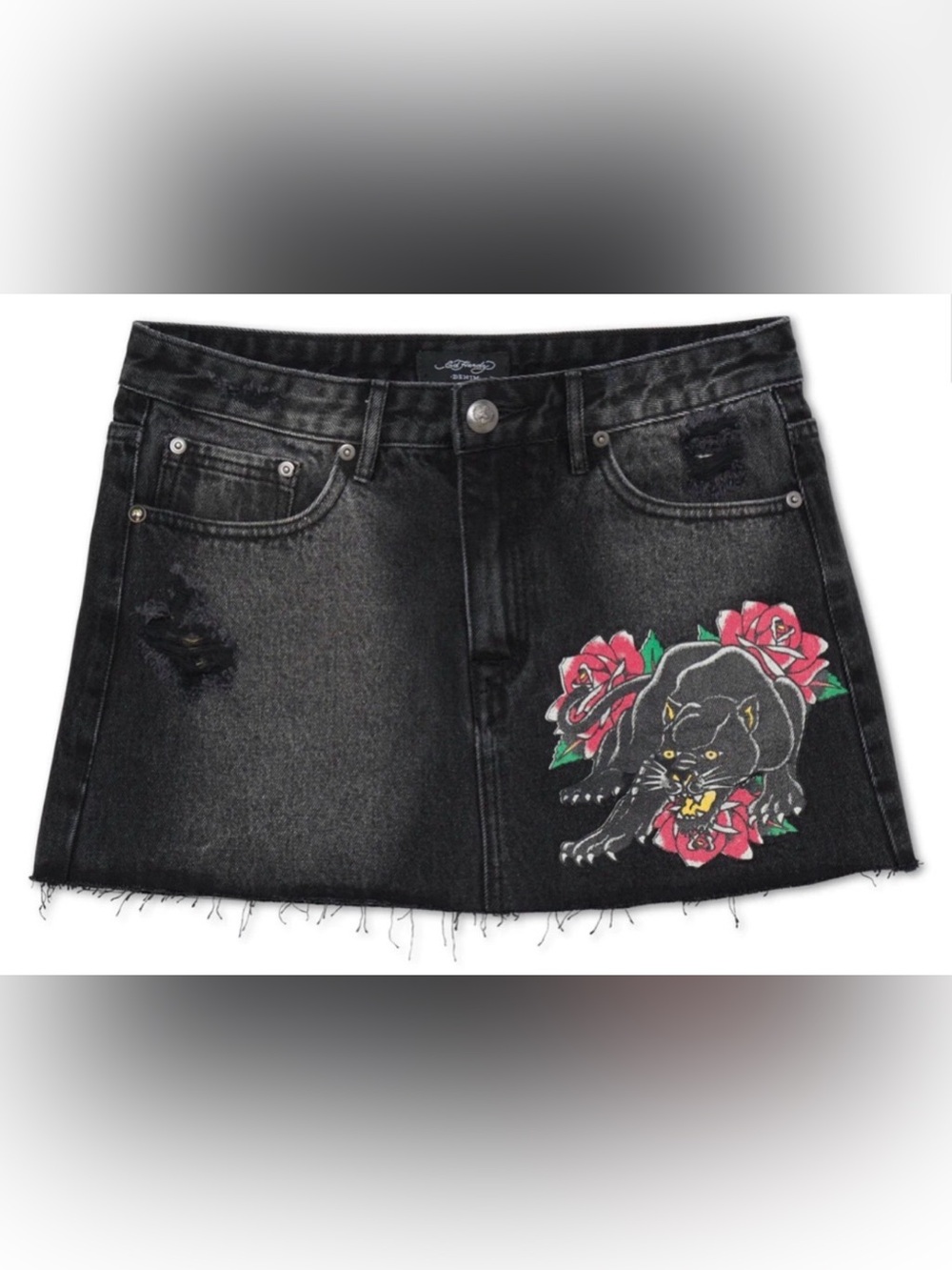 Ed Hardy Panther Rose Black Denim Mini Skirt Size Large